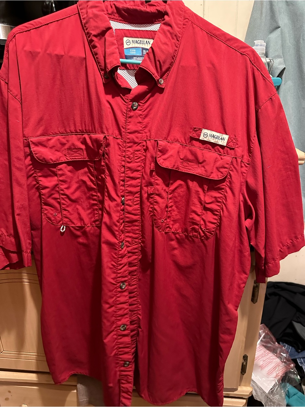 Magellan Outdoors Menβs Short Sleeve Button-Down Red Fishing Shirt